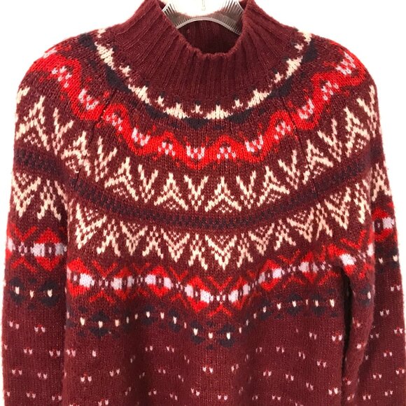 American Eagle Wool Blend Sweater Fair Isle Mock Burgundy Multicolor Women S - Picture 3 of 12